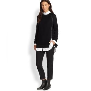 Vince Leather Trim Knit Designer Black Crewneck Sweater | S